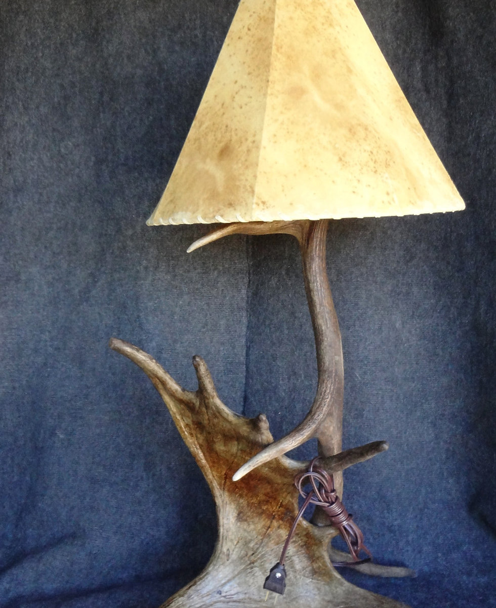 Antler-base table lamp with a natural rawhide shade